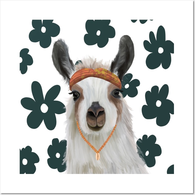 Boho Llama on Retro Flowers Wall Art by Suneldesigns